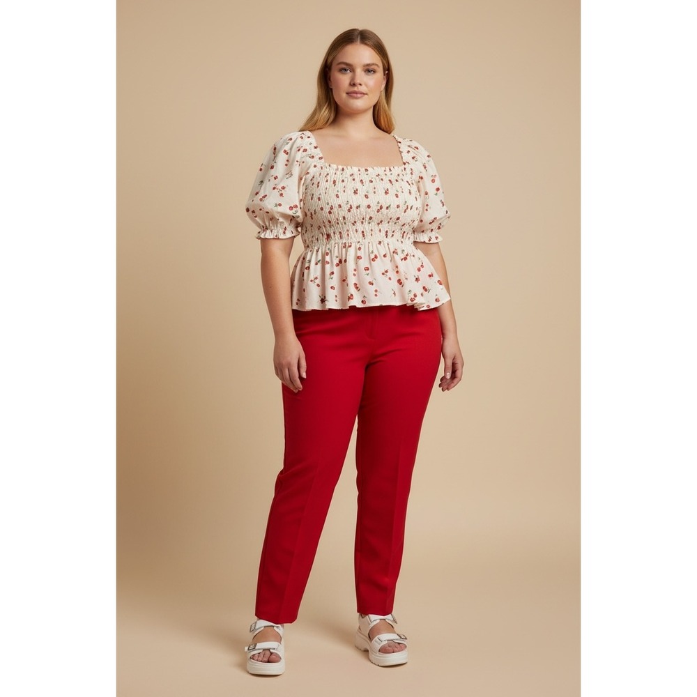Cherry Print Smocked Peplum Top Puff Sleeve White Red Size 2XL Coquette